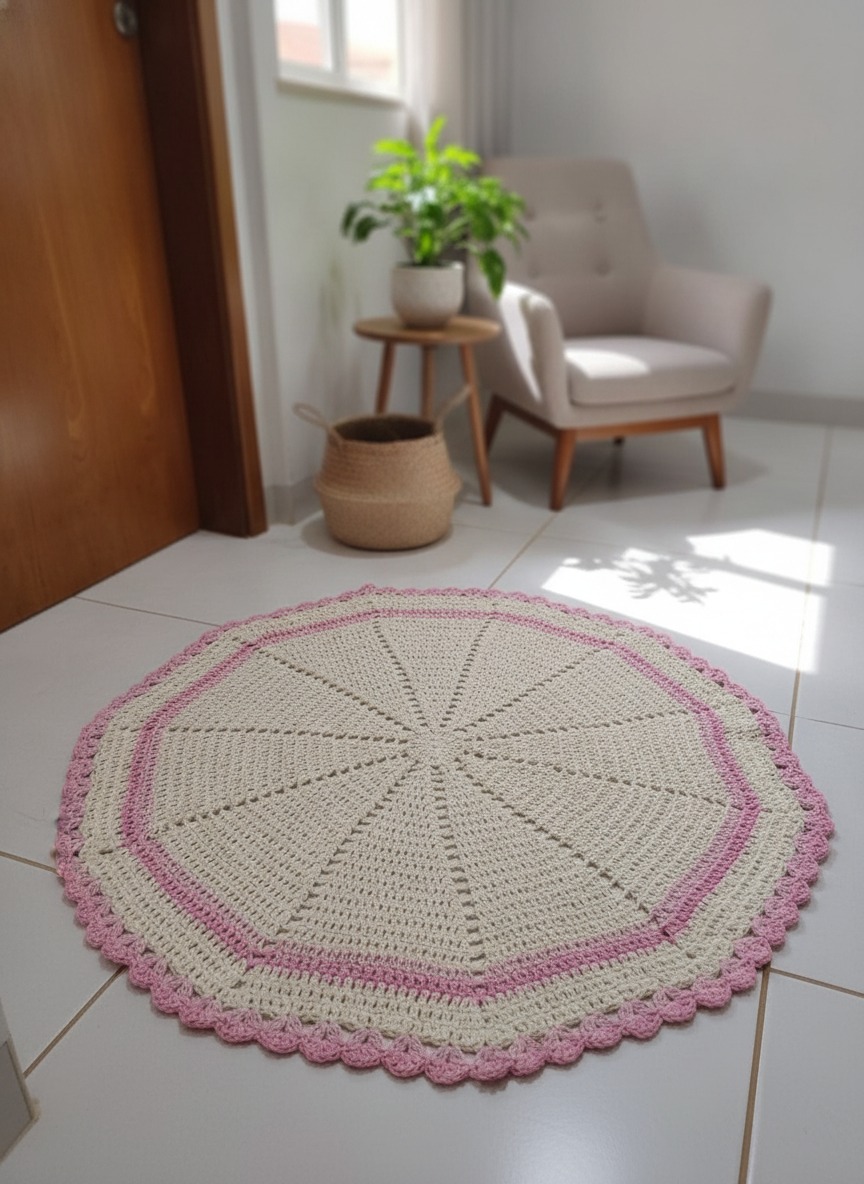 TAPETE REDONDO EM BARBANTE CRU COM ROSA 1M