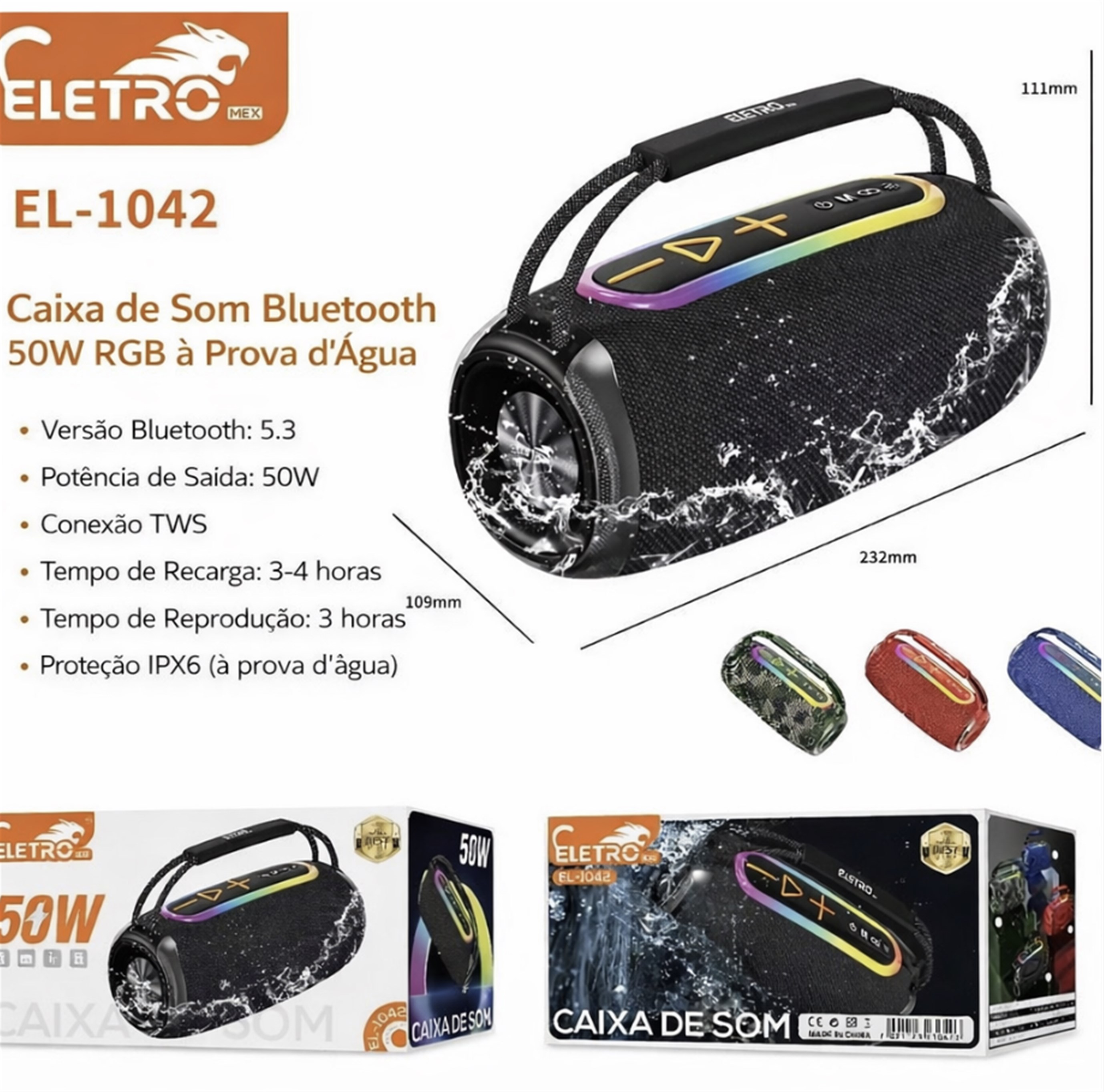 CAIXA DE SOM BLUETOOTH 50W RESISTENTE À ÁGUA RGB EL1042